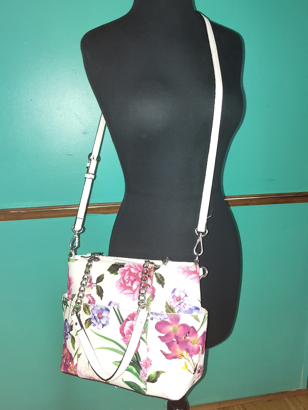Dana Buchman White Floral Crossbody Bag with Pink & Purple Blooms